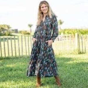 Natural Life Floral Midi Dress Medium Boho Tiered Shirt Dress Long Sleeve